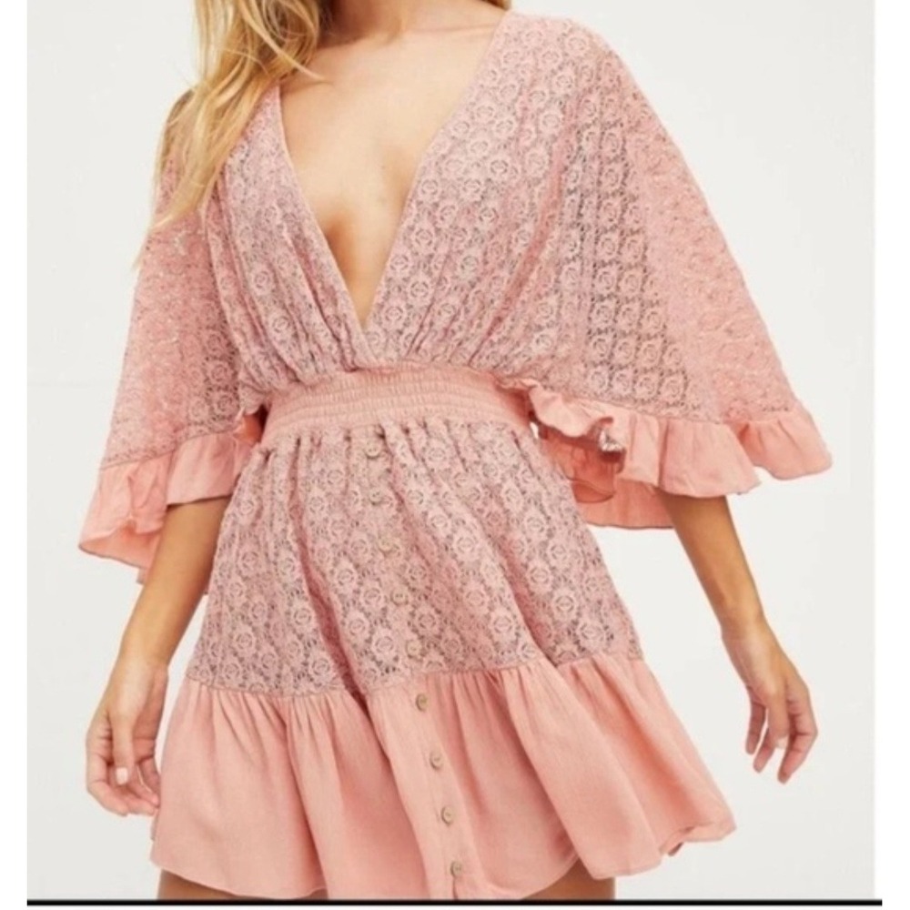Free People Lace Bell Sleeve Romper Pink Boho V-Neck Open Back Large - Picture 1 of 14